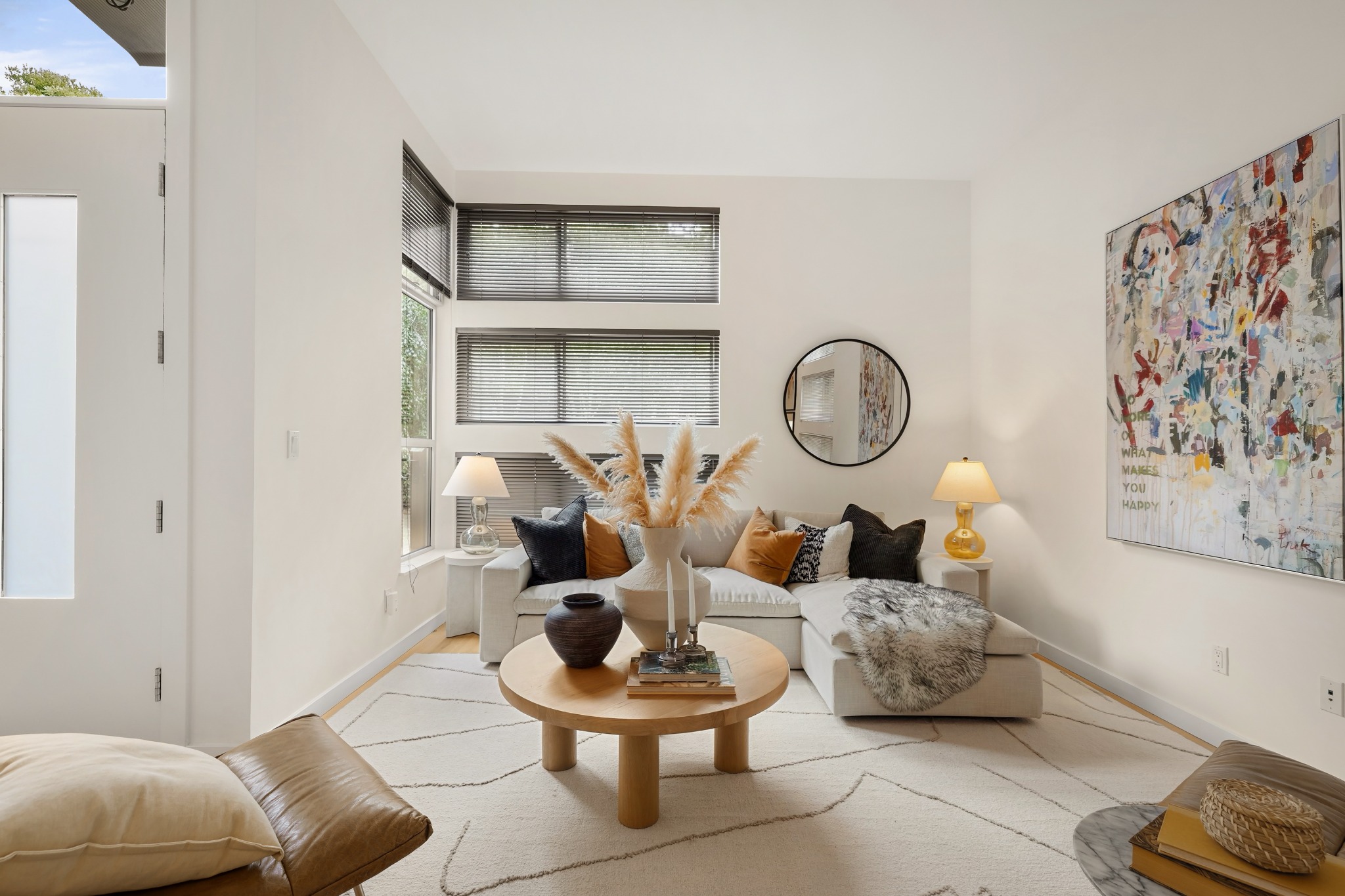 Living room and tall windows