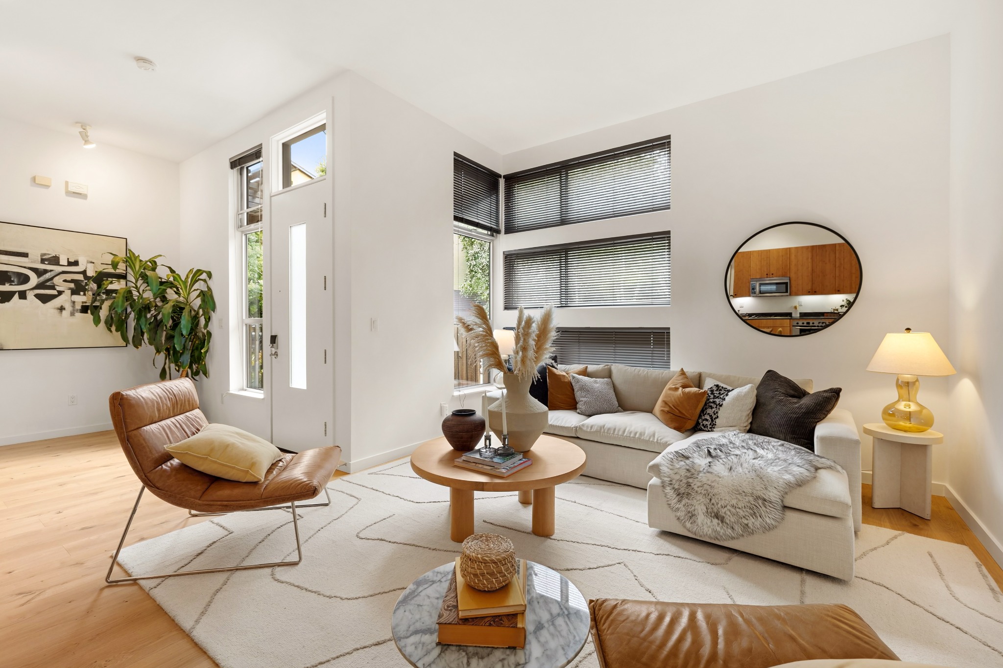 Living room with front entry sightline