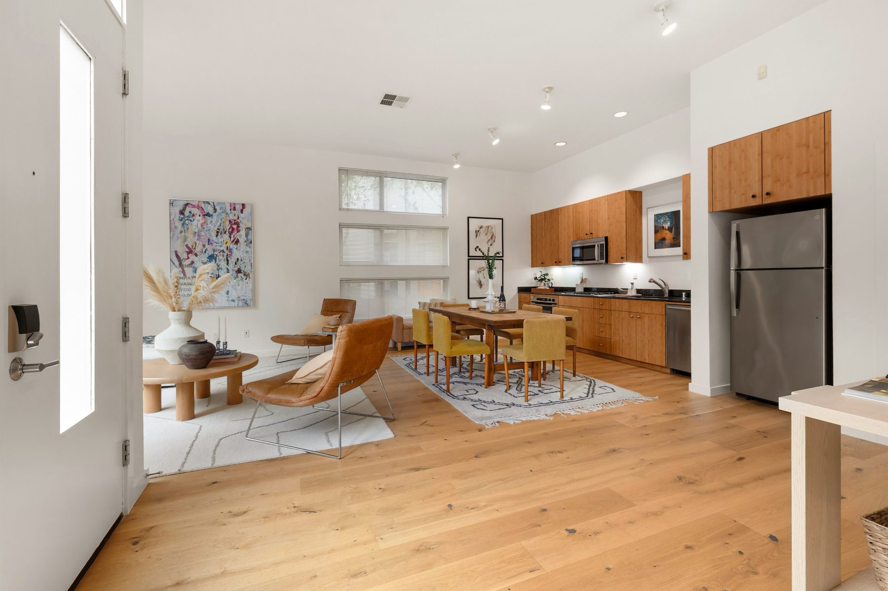 Open living room with tall windows